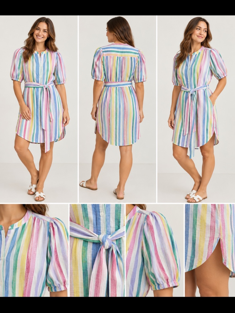 GAP Linen Cotton Blend Rainbow Stripe Shirt Dress Belted Size M